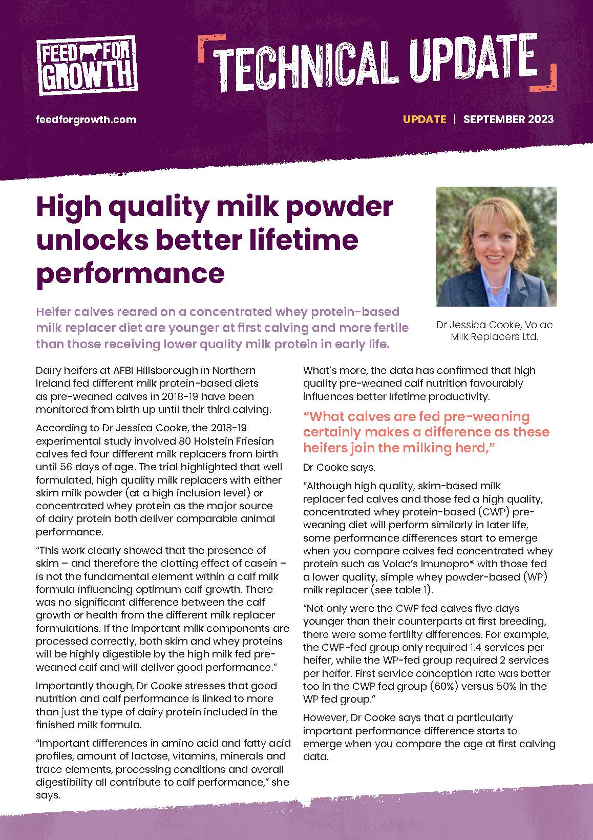 High quality milk powder unlocks better lifetime performance 