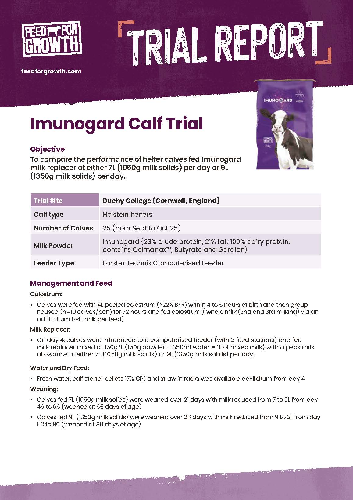 FFG Summary Report Duchy Trial feeding Imunogard at different feed rates